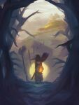  1girl absurdres broom commentary english_commentary forest hat highres holding holding_lantern lantern little_witch_academia long_hair looking_at_viewer madabau nature outdoors shadow solo sucy_manbavaran tree witch witch_hat 