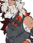  1boy animal_ears arknights black_shirt colored_tips commentary furry furry_male gacho_(220_vvv) highres horns hung_(arknights) male_focus multicolored_hair profile shirt single_horn sleeveless sleeveless_shirt twitter_username upper_body white_background yellow_eyes 
