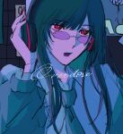  1girl ado_(utaite) blue_theme chando_(ado) cloud_nine_inc collared_shirt commentary_request glasses headphones highres long_hair long_sleeves looking_at_viewer mole mole_under_eye necktie overdose_(natori) red_eyes shirt sidelocks solo song_name spica_(spica5f9ea0) spot_color tinted_eyewear upper_body utaite 