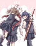  3girls alternate_costume arm_up black_footwear black_pantyhose black_skirt blue_eyes blue_hair blue_vest brown_hair commentary_request contemporary cynthia_(fire_emblem) falchion_(fire_emblem) fire_emblem fire_emblem_awakening from_behind hug hug_from_behind long_hair long_sleeves lucina_(fire_emblem) multiple_girls open_mouth pantyhose pleated_skirt redhead school_uniform severa_(fire_emblem) shippo3101 shirt shoes skirt smile sword sword_on_back thigh-highs twintails vest weapon weapon_on_back white_shirt white_thighhighs 