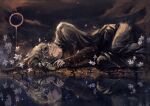  1girl black_dress black_sun blindfold blonde_hair closed_mouth commentary dark_souls_(series) dark_souls_iii dress english_commentary fire_keeper flower highres huanyan420112 lying night night_sky on_side reflection sky solo sun white_flower 