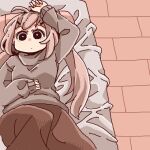  1girl antenna_hair arm_up blanket brown_skirt dot_mouth from_above grey_sweater long_hair long_skirt looking_at_viewer lowres lying oekaki on_back on_beg original pillow pink_hair rottedchun skirt solo sweater tile_floor tiles 