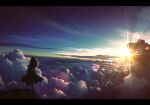  1girl absurdres clouds cloudy_sky dress facing_ahead floating_hair from_behind highres horizon lens_flare letterboxed morning nengoro original outdoors scenery sky solo star_(sky) sun sunrise 