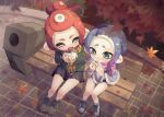  2girls :d autumn_leaves blue_hair chewing closed_eyes commentary_request eating falling_leaves food from_above gradient_hair green_eyes highres leaf medium_hair minamo_(trr) multicolored_hair multiple_girls octoling octoling_girl plaid plaid_scarf pleated_skirt purple_hair redhead rice scarf sitting_on_bench skirt smile splatoon_(series) tentacle_hair trash_can two-tone_hair 