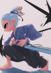  1boy barefoot black_hakama blue_hair closed_mouth commentary_request dougi from_side full_body hakama highres inkling inkling_boy japanese_clothes nastar_r0 red_eyes shadow short_hair solo splatana_wiper_(splatoon) splatoon_(series) splatoon_3 sword weapon white_background 