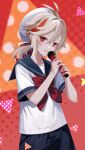  1boy beret black_pants blonde_hair bow bowtie genshin_impact hat highres holding holding_microphone kaedehara_kazuha male_focus microphone multicolored_hair neckerchief open_mouth pants red_bow red_bowtie red_eyes red_neckerchief redhead rrr_gns_(riuriu_1212) shirt short_hair simple_background smile solo streaked_hair white_headwear white_shirt 