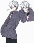  1boy albino black_eyes black_pants black_shirt blush censored closed_mouth fujo0t4ku grey_background grey_sweater haruno_kochi hood hood_down male_focus mosaic_censoring multicolored_shirt pants red_eyes shirt short_hair simple_background smile solo sweater white_hair white_shirt zeno_(game) 