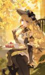  1girl black_cat black_thighhighs blonde_hair blue_eyes breasts cake cat chair cup dress eating food fork fruit genshin_impact highres long_hair navia_(genshin_impact) on_chair solo strawberry table tagme thigh-highs very_long_hair yu_jiu 