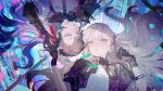  2girls absurdres ak-alfa_(girls&#039;_frontline) blush brown_hair earpiece girls&#039;_frontline_2:_exilium girls_frontline gloves grey_hair highres kurikabacha long_hair looking_at_viewer multiple_girls parted_lips partially_fingerless_gloves qbz-191_(girls&#039;_frontline) yellow_eyes 