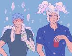  2boys absurdres blue_background blue_eyes blue_hair blue_shirt can clenched_teeth closed_mouth clouds collared_shirt commentary curly_hair fake_horns frown fur_hat ghiaccio glasses hat highres holding holding_can horned_hat horned_headwear horns ice ice_crystal in-franchise_crossover jojo_no_kimyou_na_bouken male_focus multiple_boys one_eye_closed power_connection red-framed_eyewear remiii_888 shirt short_hair short_sleeves simple_background snowflakes soda_can sparkle stand_(jojo) stone_ocean sweat teeth towel towel_around_neck upper_body v-shaped_eyebrows vento_aureo weather_report white_album_(stand) 