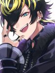  1boy aimono_jyushi black_hair blonde_hair blue_eyes choker collared_shirt earrings fur_collar hair_over_one_eye hand_up highres hypnosis_mic jewelry kishinaito long_sleeves looking_at_viewer male_focus multicolored_hair multiple_piercings multiple_rings open_mouth ring shirt short_hair smile solo upper_body v-shaped_eyebrows 
