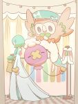  1other bell bird bright_pupils closed_eyes closed_mouth clothes_rack commentary_request drifloon gardevoir green_headwear grey_eyes hat highres holding indoors mokukitusui owl pokemon pokemon_(creature) rowlet standing unworn_capelet white_pupils 