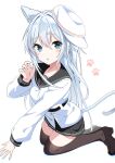  1girl animal_ear_fluff animal_ears black_footwear black_sailor_collar black_skirt black_thighhighs blue_eyes blush cat_ears cat_tail fathom grey_hair hair_between_eyes hat hibiki_(kancolle) highres kantai_collection long_hair long_sleeves looking_at_viewer parted_lips paw_print pleated_skirt sailor_collar sailor_shirt shirt shoes simple_background skirt solo tail thigh-highs verniy_(kancolle) white_background white_headwear white_shirt 