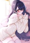  1girl absurdres alternate_costume bespectacled black_hair blue_archive blush cowboy_shot glasses halo highres hinata_(blue_archive) indoors long_hair long_sleeves off-shoulder_sweater off_shoulder open_mouth red_eyes solo sweater tarakopng thigh-highs white_sweater white_thighhighs yellow_halo 