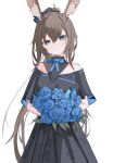  1girl absurdres amiya_(arknights) animal_ear_fluff animal_ears arknights black_bow black_dress blue_eyes blue_flower blue_ribbon bouquet bow breasts brown_hair commentary_request cowboy_shot dress flower hair_between_eyes hair_bow head_tilt highres holding holding_bouquet holding_flower long_hair looking_at_viewer neck_ribbon nui_(nuinui0300) off-shoulder_dress off_shoulder partial_commentary ponytail rabbit_ears rabbit_girl ribbon simple_background small_breasts smile solo very_long_hair white_background 