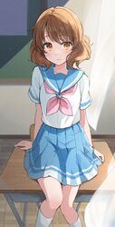  1girl absurdres blue_skirt blush brown_eyes brown_hair chair classroom film_grain hibike!_euphonium highres kitauji_high_school_uniform looking_at_viewer ogura_(sao_no) on_table oumae_kumiko pleated_skirt school_uniform serafuku shirt sitting sitting_on_table skirt table white_shirt 