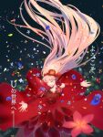  1girl absurdres belle_(ryuu_to_sobakasu_no_hime) closed_eyes dress flower flower_dress head_wreath highres kimiya music open_hands open_mouth outstretched_arm petals pink_hair red_dress ryuu_to_sobakasu_no_hime singing translated 