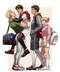  1girl 3boys absurdres annie_leonhardt backpack bag bertolt_hoover black_leggings black_shorts blonde_hair carrying carrying_person crop_top eren_yeager green_shirt grey_jacket highres jacket leggings looking_at_another multiple_boys muscular muscular_male open_mouth pants reiner_braun shingeki_no_kyojin shirt short_hair shorts shoulder_bag smile sportswear thisuserisalive white_leggings white_pants white_shirt white_shorts 