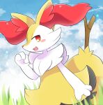  1girl :3 animal_ear_fluff animal_ears animal_hands animal_nose arm_at_side black_fur blue_sky blush blush_stickers body_fur braixen clouds commentary day fang flat_chest fox_ears fox_girl fox_tail grass hand_up happy lens_flare looking_at_viewer multicolored_fur neck_fur open_mouth outdoors pokemon pokemon_(creature) red_eyes sky smile snout solo standing stick tail unimaru_(unimaru9751137) white_fur yellow_fur 