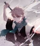  1boy artist_name black_kimono bleach bleach:_sennen_kessen-hen blue_eyes clenched_teeth drawing_sword haori highres hitsugaya_toushirou holding holding_sword holding_weapon japanese_clothes kimono male_focus scarf short_hair short_sleeves simple_background solo spiky_hair starbights sword sword_on_back taichou_haori teeth torn_clothes torn_scarf weapon weapon_on_back white_hair wide_sleeves zanpakutou 