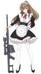  1girl alternate_costume apron black_dress blue_eyes brown_hair dress enmaided frilled_dress frills full_body garter_straps gun hand_on_own_hip highres kantai_collection kumano_(kancolle) long_hair maid maid_headdress nitamako_(sakamalh) ponytail rifle simple_background sniper_rifle solo thigh-highs weapon weapon_request white_apron white_background white_thighhighs 