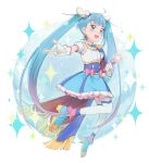  1girl blue_eyes blue_hair cure_sky highres hirogaru_sky!_precure ichiromi long_hair looking_to_the_side magical_girl multicolored_hair open_mouth outstretched_arm precure solo sora_harewataru sparkle twintails two-tone_hair 