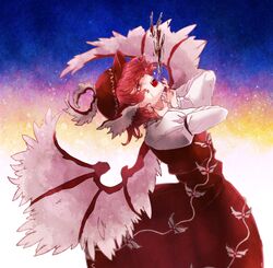  1girl dress grabbing_own_neck music mystia_lorelei open_mouth pink_hair puffy_sleeves r18ankou red_dress red_eyes red_headwear shirt short_hair singing solo star_(symbol) touhou white_shirt wings 