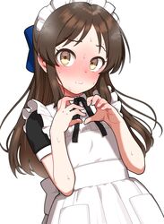 1girl alternate_costume apron black_ribbon blush brown_hair enmaided head_steam idolmaster idolmaster_cinderella_girls long_hair looking_at_viewer maid maid_headdress neck_ribbon nose_blush pettan_p ribbon short_sleeves simple_background solo sweat tachibana_arisu very_long_hair white_apron white_background