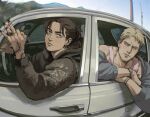  2boys absurdres black_hair black_jacket black_nails blonde_hair closed_mouth day eren_yeager grey_jacket hand_tattoo highres jacket jewelry looking_at_another male_focus multiple_boys muscular muscular_male open_clothes open_jacket outdoors pink_tank_top reiner_braun ring shingeki_no_kyojin short_hair sky smile tank_top tattoo thisuserisalive watch watch 