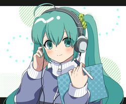  1girl ahoge blush cable green_eyes green_hair hair_ornament hair_scrunchie hand_on_headphones hatsune_miku headphones high_collar highres holding holding_paper holding_stylus jacket looking_at_viewer paper rooibos scrunchie smile solo stylus track_jacket twintails upper_body vocaloid 