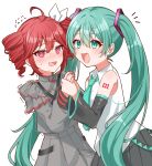  2girls :d @_@ absurdres ahoge aqua_necktie bare_shoulders black_sleeves blush detached_sleeves drill_hair flying_sweatdrops green_eyes green_hair grey_skirt hair_ornament hair_ribbon hand_grab hatsune_miku highres kasane_teto mirumiru_(miru36i) multiple_girls necktie notice_lines number_tattoo own_hands_together pleated_skirt red_eyes red_nails redhead ribbon simple_background skirt smile tattoo trembling twin_drills twintails utau vocaloid white_background white_ribbon 