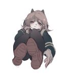  1girl brown_footwear closed_mouth danganronpa_(series) danganronpa_2:_goodbye_despair from_below hair_ornament highres hood jacket long_sleeves looking_at_viewer medium_hair nanami_chiaki pink_eyes shirt solo spaceship_hair_ornament yochilyee 