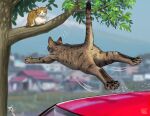  animal_focus blue_sky blurry blurry_background jumping leaf matataku motion_lines mount_fuji no_humans original outdoors shadow sky surprised_cat_(matataku) tree 