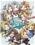  1girl 6+boys anniversary bartz_klauser blonde_hair blue_eyes blue_sweater brown_eyes brown_hair cecil_harvey chibi cloud_strife commentary_request dissidia_final_fantasy earrings final_fantasy final_fantasy_i final_fantasy_ii final_fantasy_iii final_fantasy_iv final_fantasy_ix final_fantasy_v final_fantasy_vi final_fantasy_vii final_fantasy_viii final_fantasy_x firion green_eyes grey_eyes grey_hair headband high_ponytail highres jewelry low_ponytail moogle multiple_boys onion_knight oshibainoticket parted_bangs short_hair spiky_hair squall_leonhart sweatdrop sweater terra_branford tidus turtleneck turtleneck_sweater violet_eyes warrior_of_light_(ff1) white_hair yellow_eyes zidane_tribal 