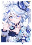  1girl ahoge ascot black_ascot blue_ascot blue_brooch blue_eyes blue_hair blue_headwear chibi drop-shaped_pupils furina_(genshin_impact) genshin_impact hair_between_eyes hat heart heart_hands heterochromia highres light_blue_hair long_sleeves looking_at_viewer maid mismatched_pupils shorts smile top_hat unapoppo white_hair white_shorts 