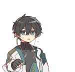  1boy aqua_eyes arm_at_side armor black_gloves black_hair black_shirt dan_heng_(honkai:_star_rail) dot_nose earrings eyes_visible_through_hair fingerless_gloves gloves green_armor hair_between_eyes hand_up hara_(nanohara) honkai:_star_rail honkai_(series) jacket jewelry looking_at_viewer male_focus open_clothes open_jacket parted_lips pauldrons shirt short_hair shoulder_armor simple_background single_pauldron solo sweat turtleneck upper_body very_short_hair white_background white_jacket 