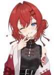  1girl ange_katrina ange_katrina_(7th_costume) blue_eyes chinese_clothes double_bun hair_bun hair_intakes hair_ornament haruwo heart nijisanji one_eye_closed red_nails redhead short_hair simple_background smile solo v_over_mouth white_background x_hair_ornament 