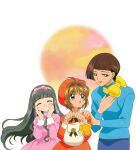  3girls absurdres bag blush brown_hair cardcaptor_sakura child closed_eyes daidouji_sonomi daidouji_tomoyo friends highres kero kinomoto_sakura mother_and_daughter multiple_girls orange_headwear short_hair teeth 