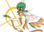  animal_focus cape closed_mouth commentary_request decidueye dian_(nanooo_i) epaulettes gem green_gemstone highres holding legs_apart looking_at_viewer no_humans pokemon pokemon_(creature) red_pupils rope talons white_background yellow_eyes 