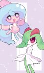  :d bright_pupils colored_skin commentary_request dian_(nanooo_i) green_hair hands_up hattrem highres kirlia no_humans open_mouth outstretched_arm pokemon pokemon_(creature) smile violet_eyes white_pupils white_skin 