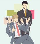  2496oyakodon 2boys black_eyes black_hair blonde_hair brown_suit closed_eyes feet_out_of_frame grey_suit highres holding holding_phone invisible_chair looking_at_another male_focus mob_psycho_100 multiple_boys multiple_hands phone reigen_arataka serizawa_katsuya short_hair sitting smile standing suit talking_on_phone 