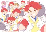  1girl 2boys absurdres ahoge arrow_(symbol) blue_shirt blush brown_eyes buttons clenched_teeth collared_shirt crispin_(pokemon) florian_(pokemon) frying_pan gloves grin highres holding holding_frying_pan ichinoki_miharu jacket lacey_(pokemon) looking_at_viewer magmortar multiple_boys multiple_views neckerchief partially_fingerless_gloves poke_ball pokemon pokemon_(creature) pokemon_sv quick_ball red_gloves red_pupils redhead shirt short_hair smile sweat teeth thumbs_up translation_request white_jacket yellow_neckerchief 