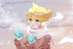  1boy absurdres blonde_hair blue_eyes blush breath coat highres kagamine_len male_focus mittems open_mouth ponytail rooibos scarf snowflakes snowing solo upper_body vocaloid 