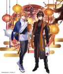  2boys :q alternate_costume antenna_hair bag belt black_belt black_coat black_footwear black_gloves black_pants blue_eyes blue_jacket box branch brown_hair brown_jacket chinese_clothes closed_mouth coat earrings egasumi fanny_pack flower food full_body genshin_impact gloves hair_between_eyes holding holding_bag holding_box holding_food jacket jacket_on_shoulders jewelry lantern lapels long_hair long_sleeves looking_at_viewer low_ponytail male_focus multiple_boys notched_lapels orange_hair orange_scarf pants paper_lantern plum_blossoms red_flower ring scarf shoes shopping_bag short_hair single_earring sneakers snow standing stole stuffed_toy sweater tangzhuang tartaglia_(genshin_impact) tassel tassel_earrings tongue tongue_out turtleneck turtleneck_sweater two-sided_fabric two-sided_jacket white_footwear white_sweater xia_(ryugo) yellow_eyes zhongli_(genshin_impact) 