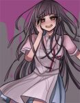  1girl :d apron black_hair blush brown_eyes danganronpa_(series) danganronpa_2:_goodbye_despair green_skirt grey_apron grey_background hand_up long_hair mi_(bgdbgj) miniskirt mole mole_under_eye pink_background pink_shirt shirt skirt smile solo teeth tsumiki_mikan upper_teeth_only 