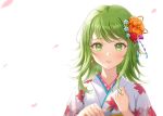  1girl absurdres blush earrings falling_petals green_eyes green_hair gumi hair_ornament hand_on_own_chest highres japanese_clothes jewelry kanzashi kimono long_hair looking_at_viewer parted_lips petals roncle_(roncle1) solo straight-on upper_body vocaloid 