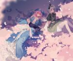  2girls black_hairband black_ribbon bloomers blue_eyes blue_headwear blue_kimono bob_cut cherry_blossoms commentary_request frilled_kimono frilled_sleeves frills full_body green_shirt green_skirt grey_hair hairband hat japanese_clothes kimono konpaku_youmu long_sleeves looking_at_viewer looking_up lying mob_cap multiple_girls neck_ribbon obi on_back pink_hair puffy_sleeves red_eyes ribbon saigyouji_yuyuko sash sheath sheathed shirt short_hair sitting skirt sleeve_garter sword touhou triangular_headpiece wavy_hair weapon white_bloomers wide_sleeves xian_qishui 