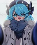  1girl :d ahoge black_bow black_headwear blue_scarf blush bow drill_hair green_eyes green_hair grey_jacket gwen_(league_of_legends) hair_bow jacket league_of_legends long_hair long_sleeves looking_at_viewer meme monakan_japan open_clothes open_jacket pov_cheek_warming_(meme) scarf simple_background smile solo twin_drills twintails upper_body white_background 