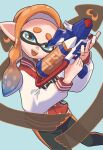  1girl black_pants blue_background blue_eyes blue_hair commentary_request gradient_hair gun highres holding holding_gun holding_weapon inkling inkling_girl jacket letterman_jacket long_hair multicolored_hair nastar_r0 open_mouth orange_hair pants pointy_ears smile solo splatoon_(series) splatoon_3 splattershot_pro_(splatoon) teeth two-tone_hair upper_teeth_only weapon 