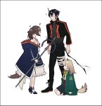  ! 1boy 2girls anger_vein animal_ears arknights avi_(baltika_seven) black_footwear black_hair black_pants black_shirt black_skirt blonde_hair blue_bow blue_footwear blue_jacket boots bow bowtie demon_horns dog_ears dog_girl dog_tail dress flamebringer_(arknights) flying_sweatdrops fox_ears fox_girl fox_tail green_jacket hair_between_eyes hair_bow height_difference high_heels highres holding holding_staff horns infection_monitor_(arknights) jacket looking_at_another multiple_girls notice_lines open_clothes open_jacket pants perfumer_(arknights) podenco_(arknights) pointy_ears ponytail seiza shirt simple_background sitting skirt staff striped striped_bow sweatdrop tail white_background white_dress white_shirt yellow_bow yellow_bowtie 